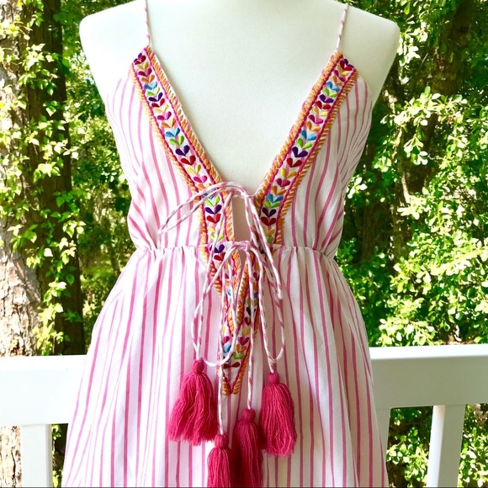 NWT Small Pink Pinstripe Embroidery Tassel Adjustable Tie Front Dress